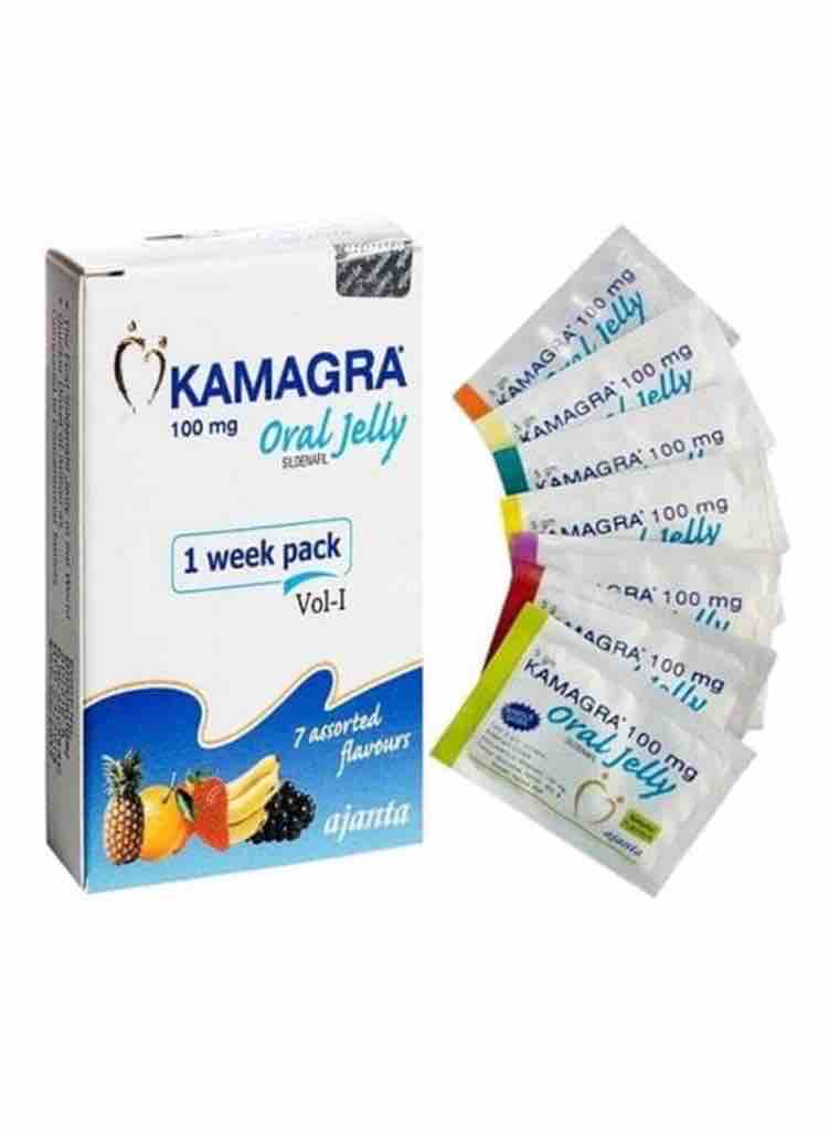 La foto è una scatola di Kamagra Oral Jelly con una fornitura settimanale.
